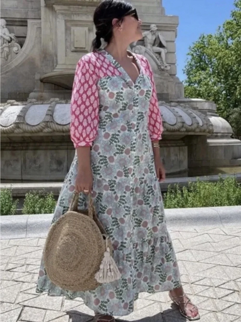Zara Block Printed Floral Pink Ecru Midi Dress M